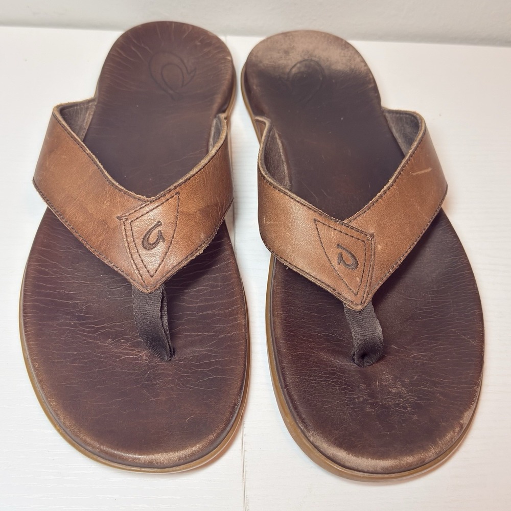 OluKai Nalukai Leather Flip Flop Thong Sandals Brown 10386-6363 Men's Sz 14 - Picture 2 of 7